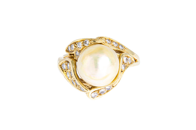Natural Freshwater Pearl & Diamond Cluster Band 14K 585 Yellow Gold Ring Size 8