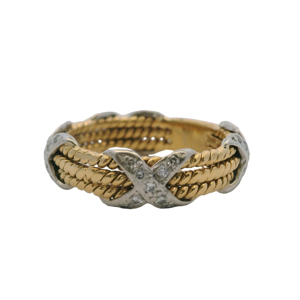 Vintage Rare 1974 Tiffany & Co Schlumberger Two-Tone 18kt Gold 3-Rope Diamond X Ring Size 6.5