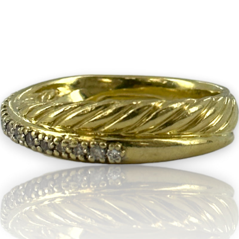 David Yurman Signed Solid Heavy 18kt Yellow Gold 750 Twist Band Crossover Ring with Diamonds Size 6.75