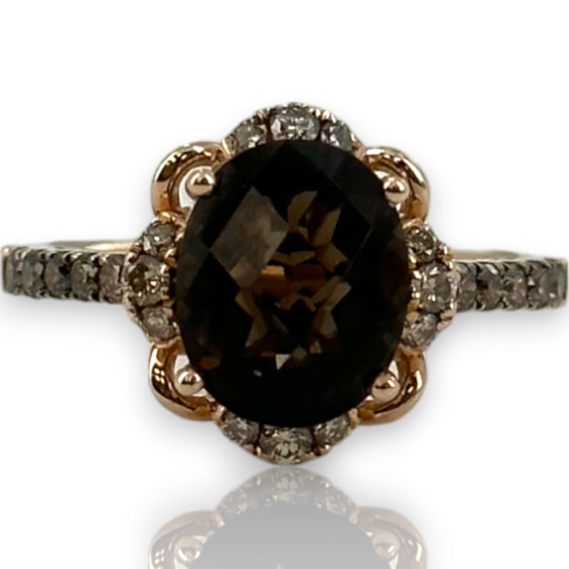 LeVian Solid 14kt Strawberry Rose Gold Ring with Chocolate Smokey Quartz and Diamond Accents Size 6.75