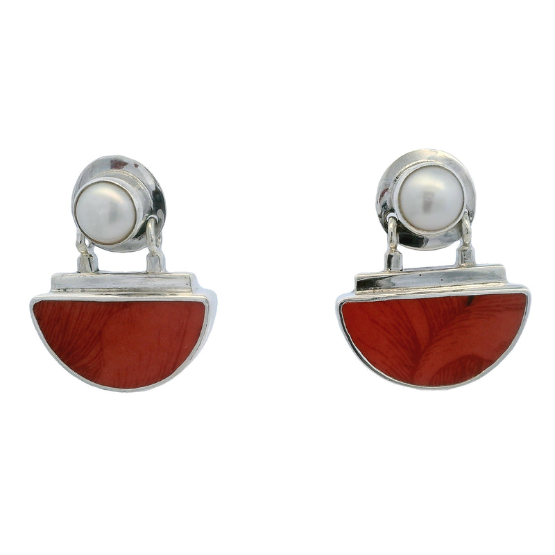 LTS Native American 925 Sterling Silver Drop/Dangle Earrings with Mabe Pearl and Painted Ceramic
