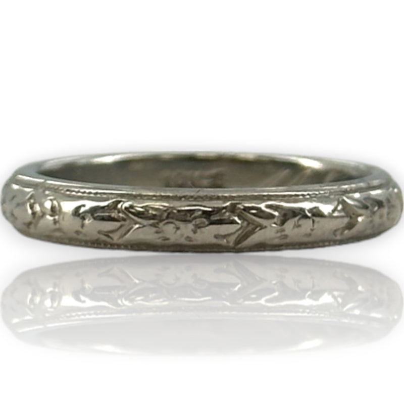 Antique 1911 Wood & Sons (Now ArtCarved) Carved 3mm Band Solid 18kt White Gold Inscribed Feb-26-1911 Wedding Engagement Ring Size 4.5