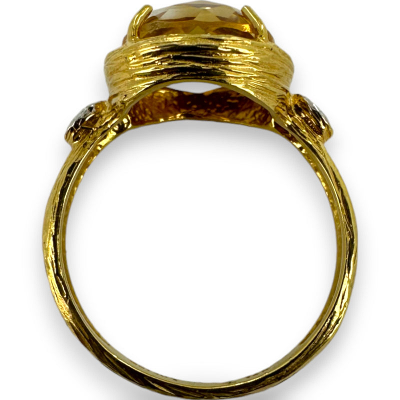 I. Reiss Solid 14k Yellow Textured Gold Checkerboard Cut Citrine and Diamond Accent Cocktail Ring Size 7.5