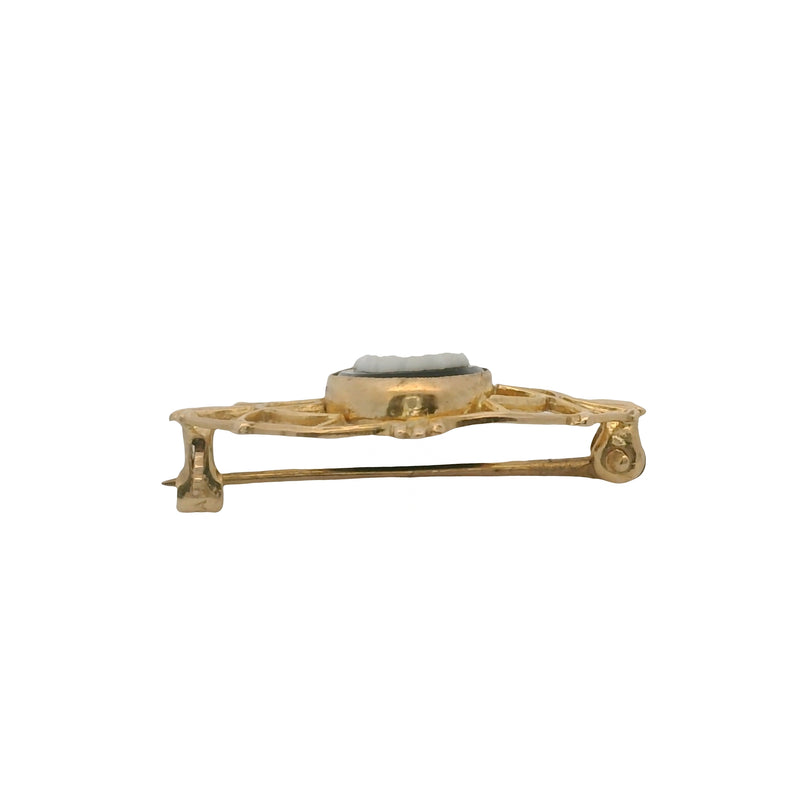 c1950s Budlong Docherty & Armstrong 10kt Yellow Gold Cameo Brooch with Onyx and Plastic Face