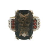 Solid 925 Sterling Silver, Smokey Quartz, and Garnet Filigree Cocktail Ring Size 5.5