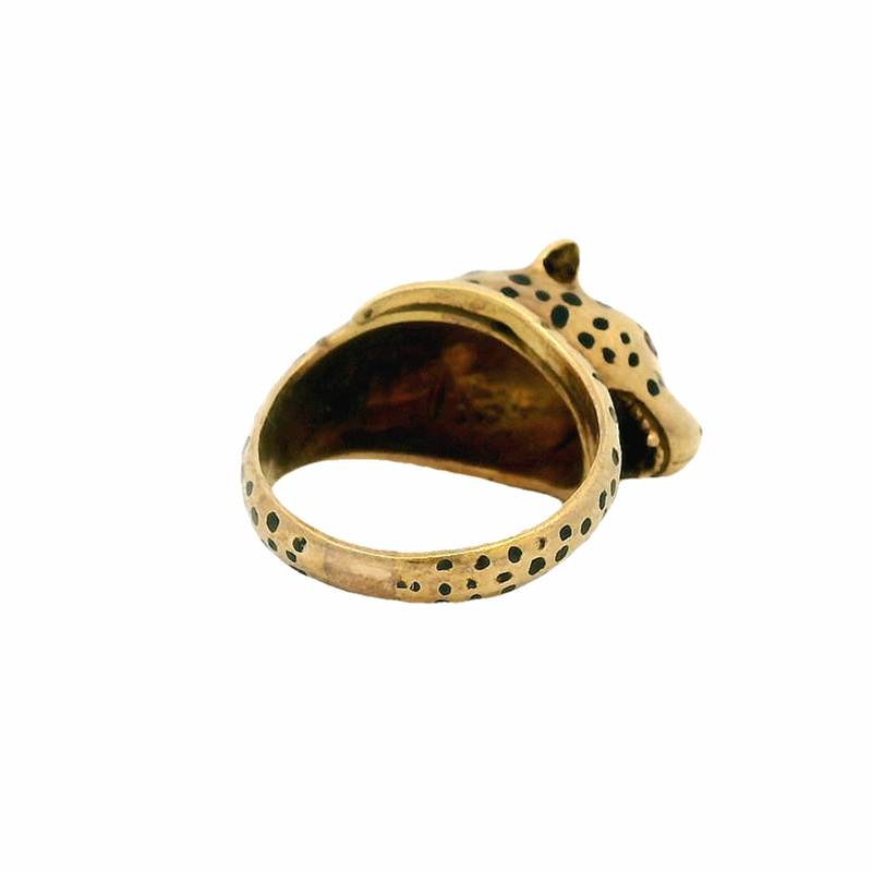Vintage 1980s EFFY 18kt Solid Yellow Gold and Black Enamel Cheetah Ring with Ruby Eyes Size 7.25