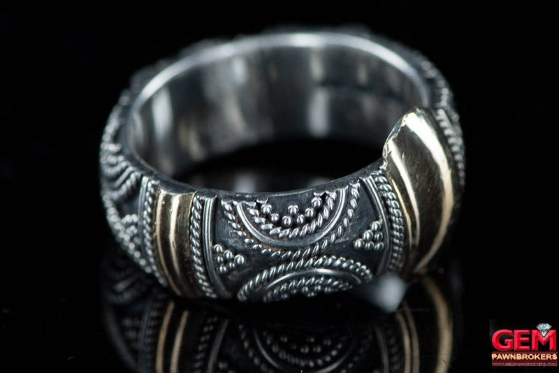 Suarti Indonesia Bali Solid 925 Sterling Silver & 18K 750 Yellow gold Accents Ring Size 7 3/4