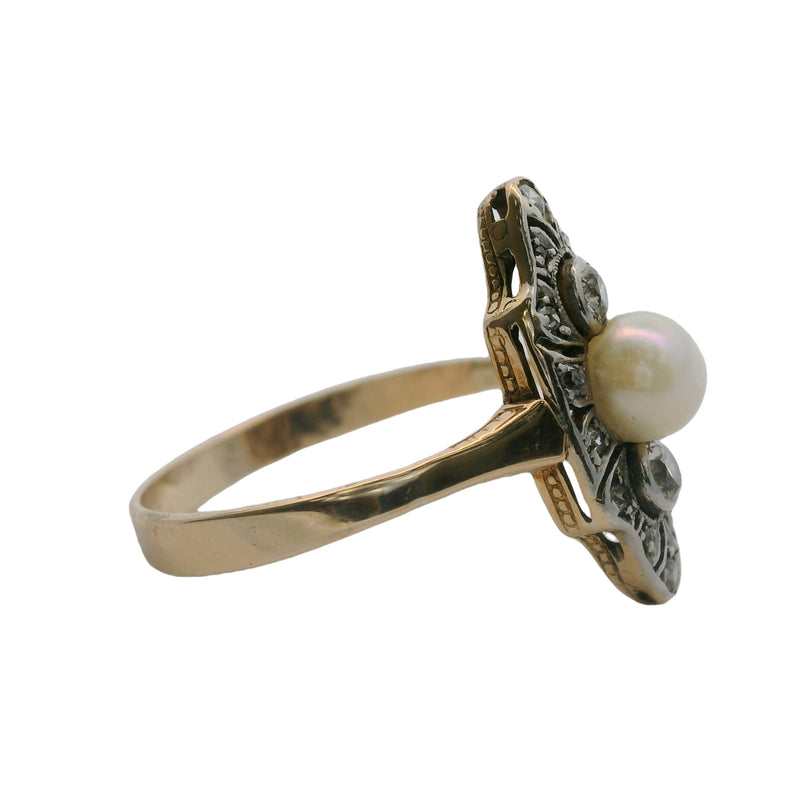 Antique Edwardian 1890-1900s 10kt Two-Tone Gold, Old Mind Diamond, and Pearl Dinner Cocktail Ring Size 9