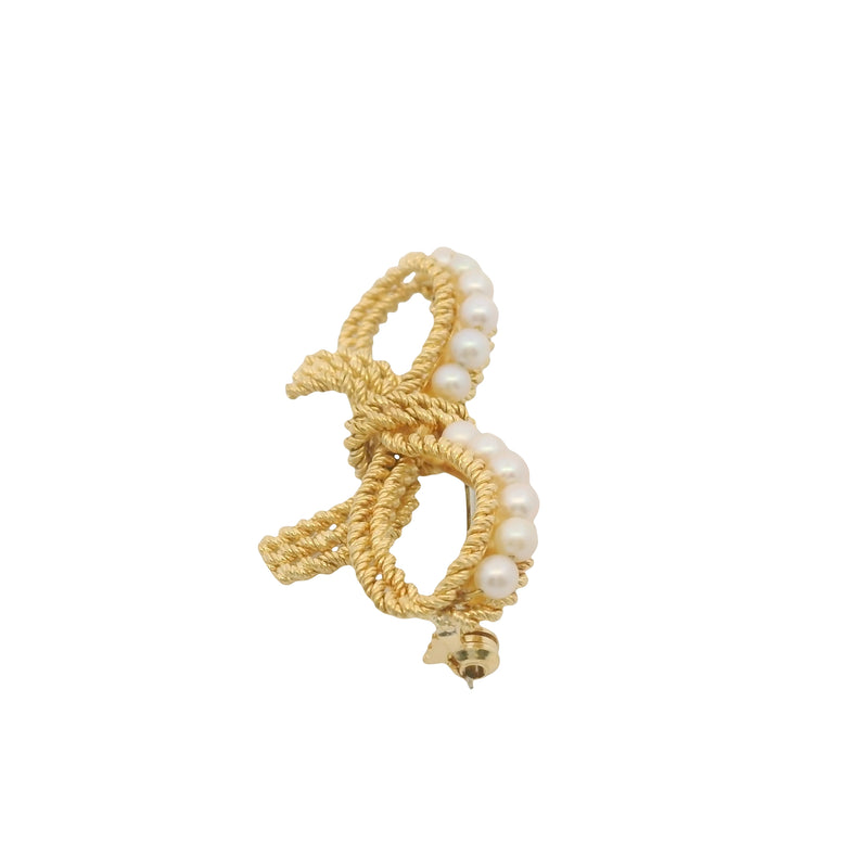Vintage Mid-Century Italian Solid 18kt Yellow Gold and Pearl Rope Bow Pin Brooch