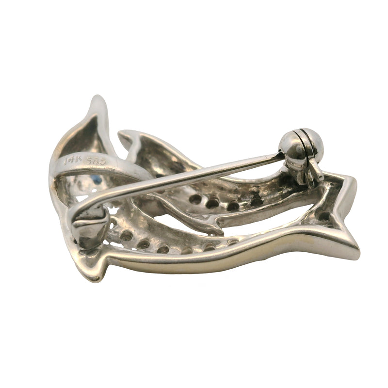 14kt White Gold and Diamond Double Dolphin Pin Brooch with Diamonds and Sapphire Eyes