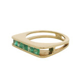 Vintage 1960-80s Solid 18kt Yellow Gold and Tension Set Emerald Row Cocktail Ring Size 7.5