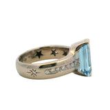Vintage Solid 18kt White Gold Emerald Cut 2.64ct Blue Topaz and Diamond Cocktail Ring Size 6