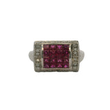 Vintage Solid 18kt White Gold Invisible Setting Lab Ruby Ring With Diamond Halo Size 11.5