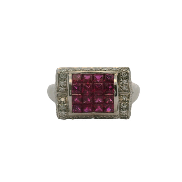 Vintage Solid 18kt White Gold Invisible Setting Lab Ruby Ring With Diamond Halo Size 11.5