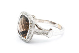 Solid 18kt White Gold and Checkerboard Cut Smokey Quartz Cocktail Ring with Full-Coverage Diamond Halo and Sides