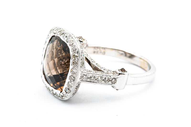 Solid 18kt White Gold and Checkerboard Cut Smokey Quartz Cocktail Ring with Full-Coverage Diamond Halo and Sides