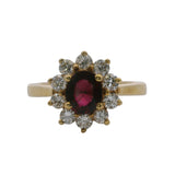 Solid 18kt Yellow Gold Natural Red Ruby Solitaire Ring with White Diamond Halo Size 5