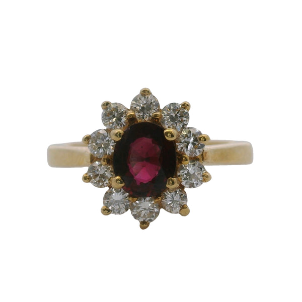 Solid 18kt Yellow Gold Natural Red Ruby Solitaire Ring with White Diamond Halo Size 5