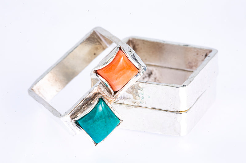 GG Goldwell Jewelry Turquoise & Coral Square Bands 925 Sterling Silver Ring 7