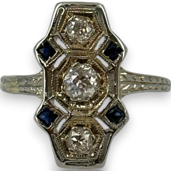 Antique 1910-20s Early Art Deco 18kt White Gold, Natural Old Mine Diamond, and Lab Sapphire Dinner Ring with Openwork Milgrain Detail Size 6.5