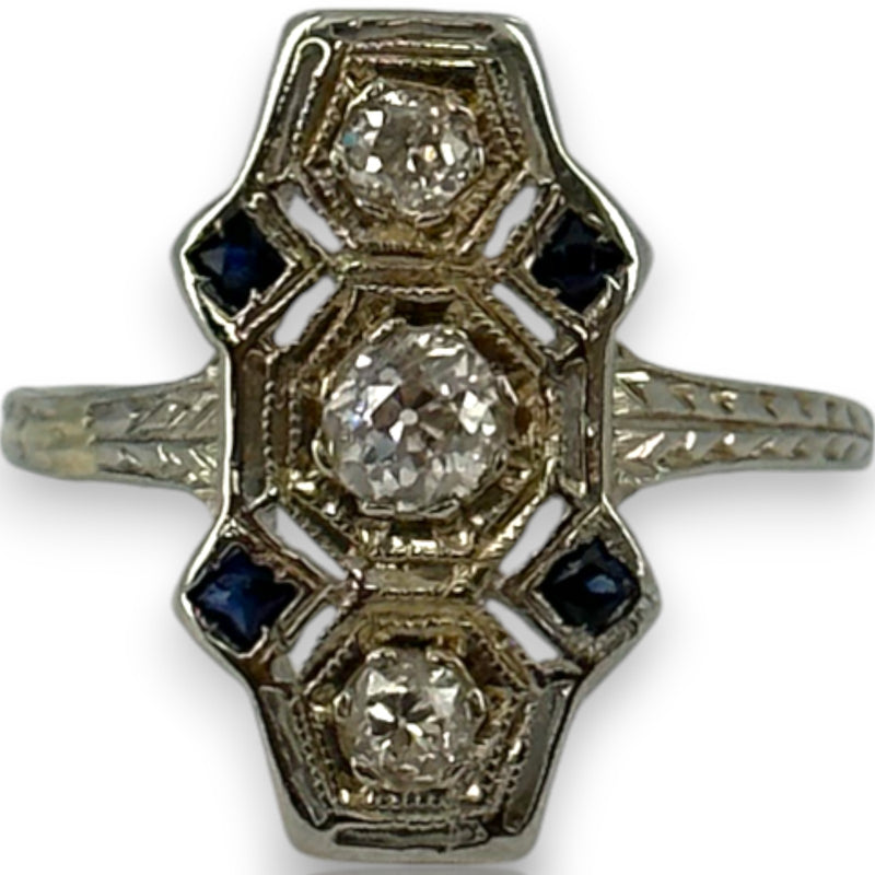 Antique 1910-20s Early Art Deco 18kt White Gold, Natural Old Mine Diamond, and Lab Sapphire Dinner Ring with Openwork Milgrain Detail Size 6.5