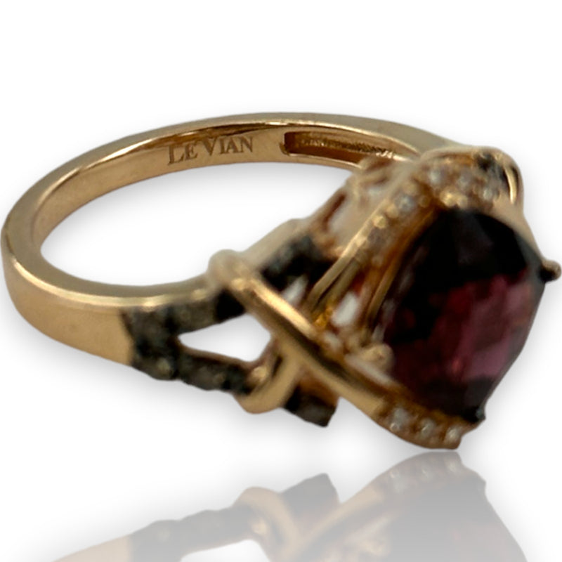 LeVian 14kt Solid Rose Gold Raspberry Rhodolite Garnet Ring with Accent Chocolate Cognac and White Vanilla Diamonds Size 7