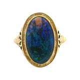 Vintage Solid 14kt Yellow Gold Cabochon Black Opal Filigree Ring Size 5.5