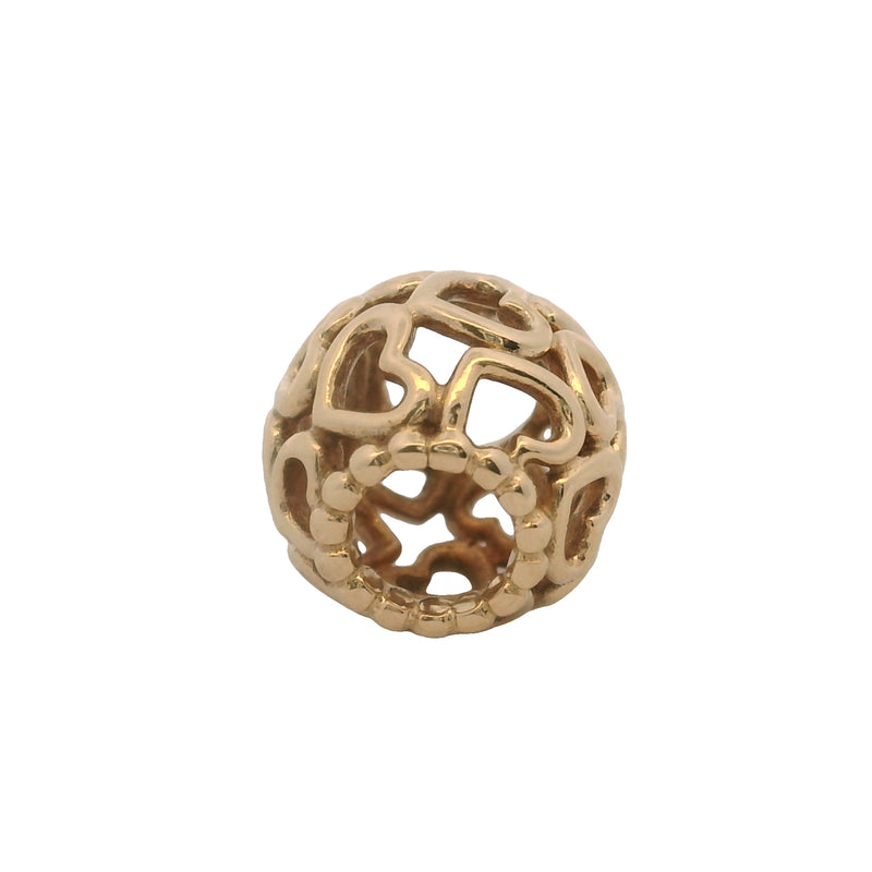 Charm espaciador redondo "Abre tu corazón" de Pandora, oro amarillo macizo de 14 kt, retirado.