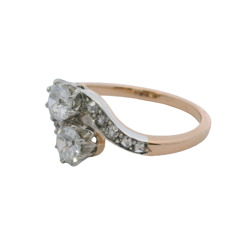 Victorian Late-1800s Old Euro and Old Mine Cut Diamond Bypass Ring in 14kt Gold Size 6.25