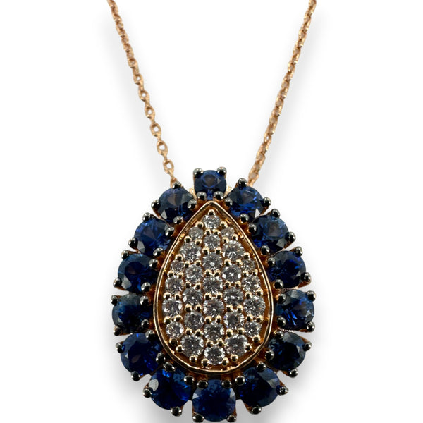 Le Vian 14kt Rose Gold 18" Necklace With Teardrop Pendant with White Diamonds and Blue Sapphires