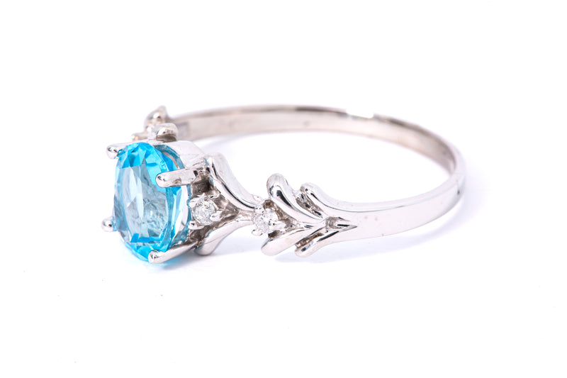 Solid 14kt White Gold Prong-Set Blue Topaz Ring with 4 Diamond Accents Size 10