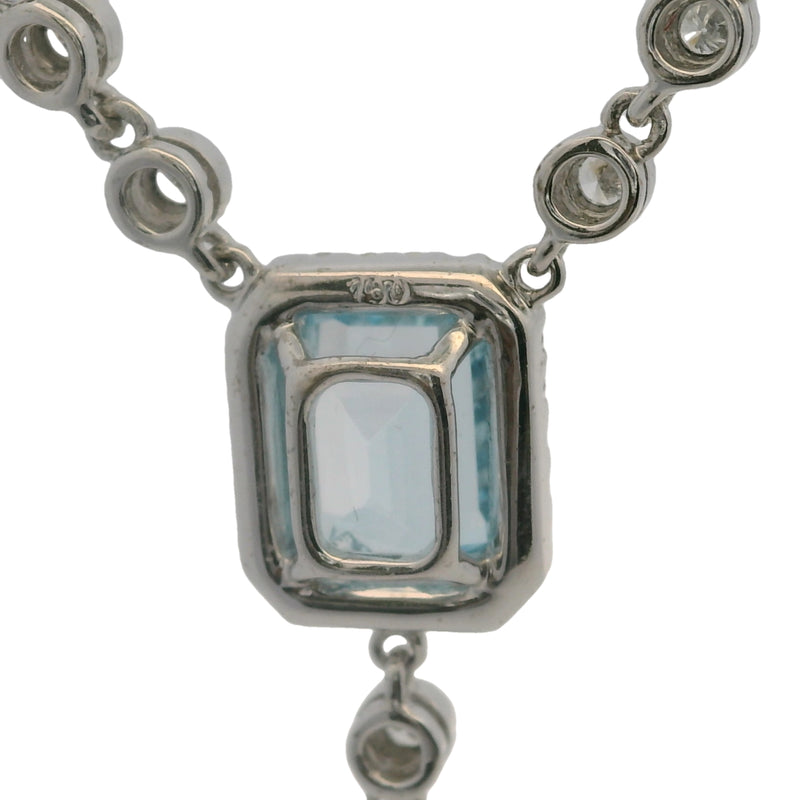 Solid 18kt White Gold 16" Necklace with Heart, Rectangular, and Round Cut Light Blue Topaz 1.7" Drop Pendant and Diamond Accents