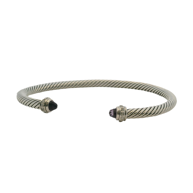 David Yurman 925 Sterling Classic 4mm Cable Bracelet with Amethyst and Diamonds Size M 6.5