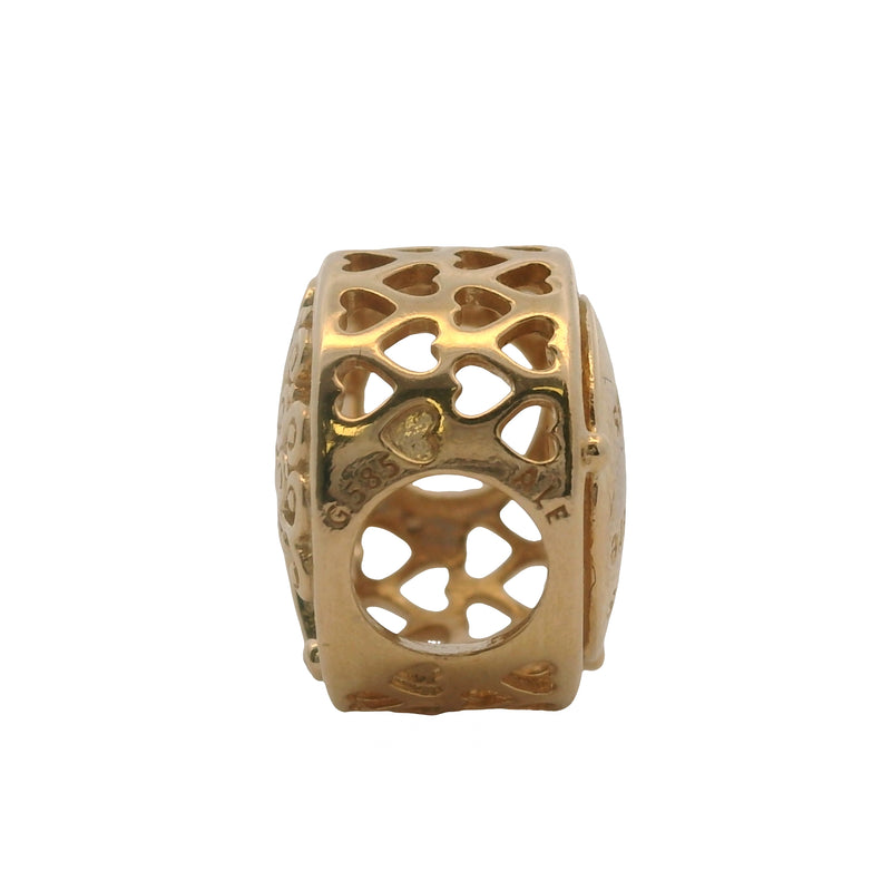 Charm deslizante Pandora de oro amarillo macizo de 14 kt 585 con raíces familiares caladas