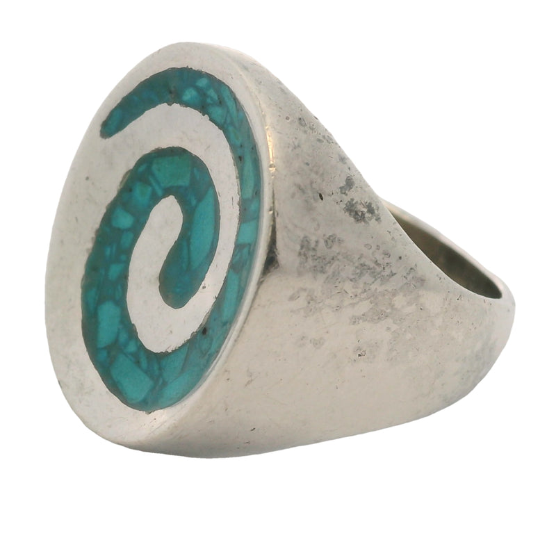 1960-70s Taxco, Mexico 925 Sterling Silver Chipped Turquoise Spiral Ring Size 7.5