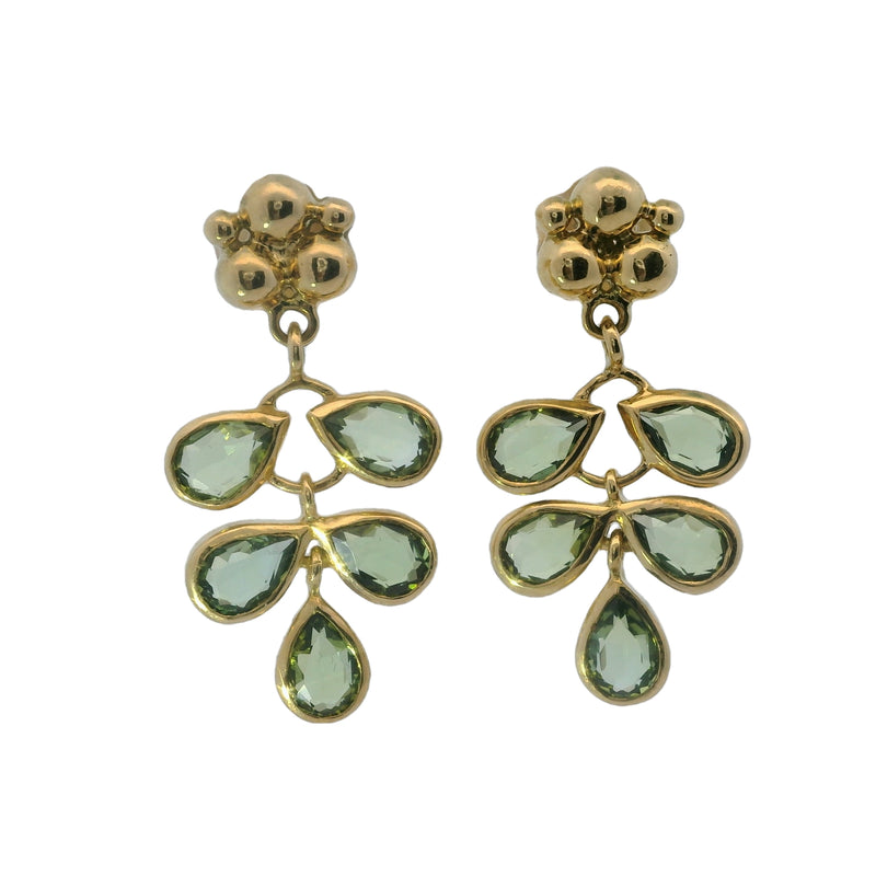 18kt Yellow Gold and Green Pear Tourmaline Leaf Drop/Dangle Earrings