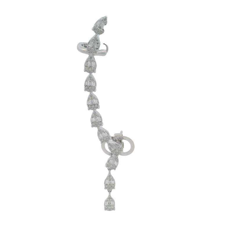 Solid 14kt White Gold and Baguette and Round Diamond Climber Single Dangle Earring with Cuff