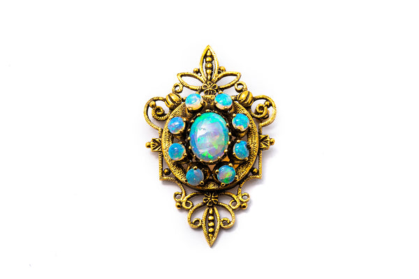 Antique Late Victorian Solid 14kt and Cabochon Black Opal Floral Scroll Convertible Pin/Pendant