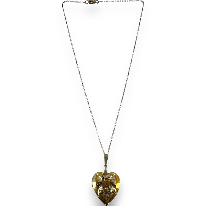 c1930s Tri-Tone Sterling and 12k Gold Fill Heart Locket with Flower and Leaf Design and Center Glass Stone
