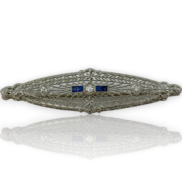 1920s Art Deco 14k White Gold Solid Rhodium Plated Top Blue Sapphire Transitional Cut Diamond Brooch Pin