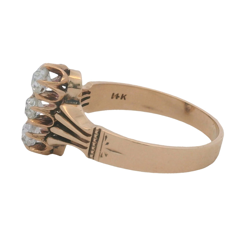 Antique Mid-Victorian Era Solid 14kt Rose Gold 3-Stone VS2 Old Mine Diamonds Ring Size 7