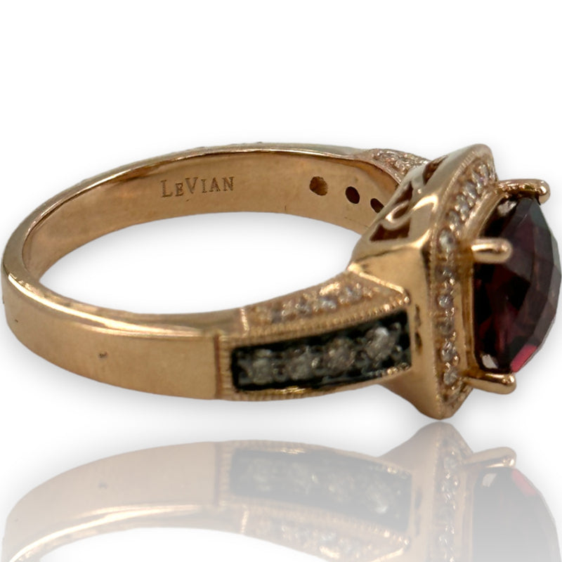 LeVian Solid 14kt Solid Rose Strawberry Gold Vivid Raspberry Rhodolite Garnet and Chocolate Diamonds with White Vanilla Diamond Halo Size 7 Ring