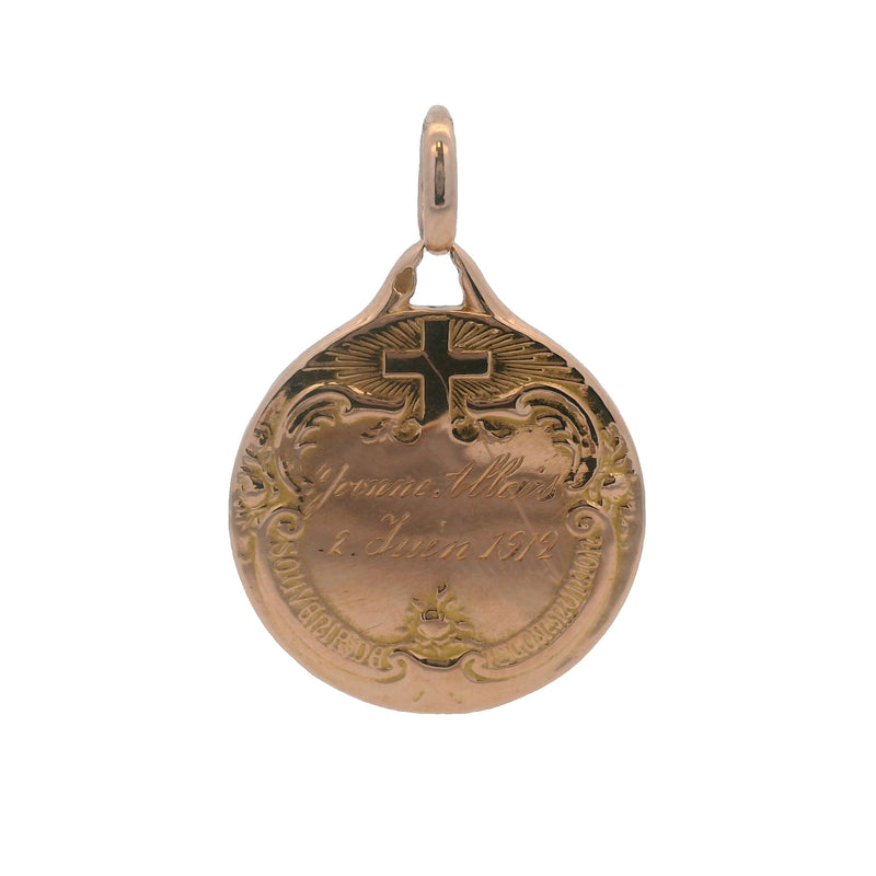 Antique 1912 French Solid 18kt Rose Gold Religious Holy Communion Circle Pendant Engraved