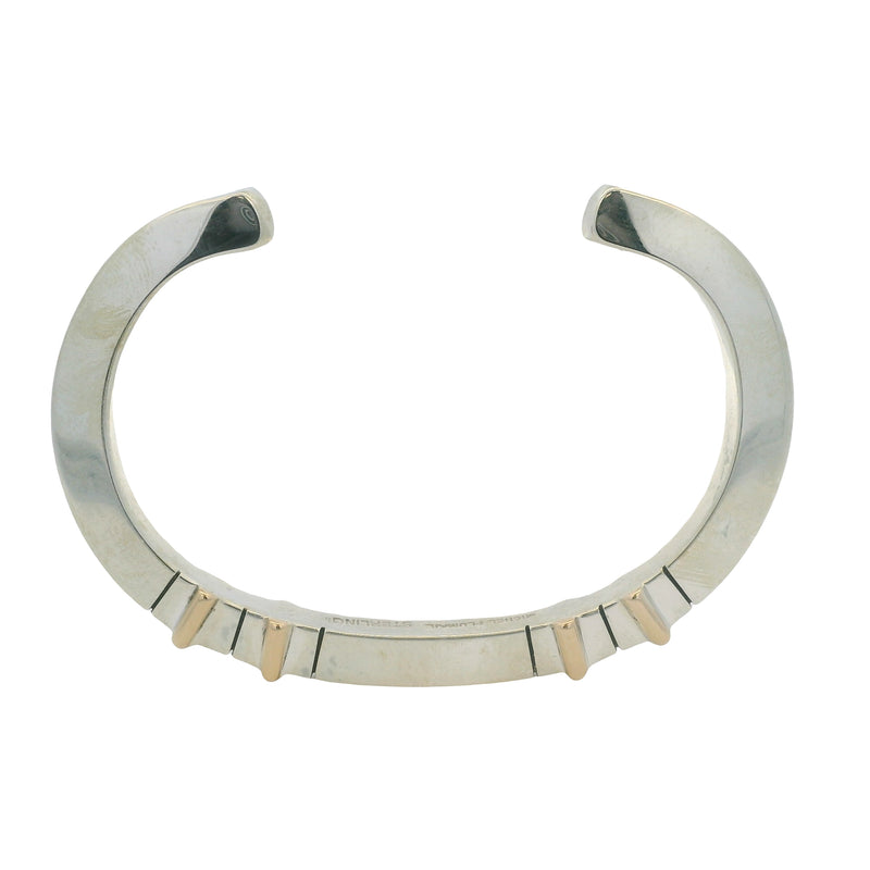 Michel Plumail Solid 925 Sterling Silver Artisan Modernist 4 Gold Bar Accent Cuff Bracelet 6"