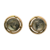 Antique Converted Cufflink 14kt Yellow Gold Essex Painted Glass Horse Pierced Screw-Back Stud Earrings