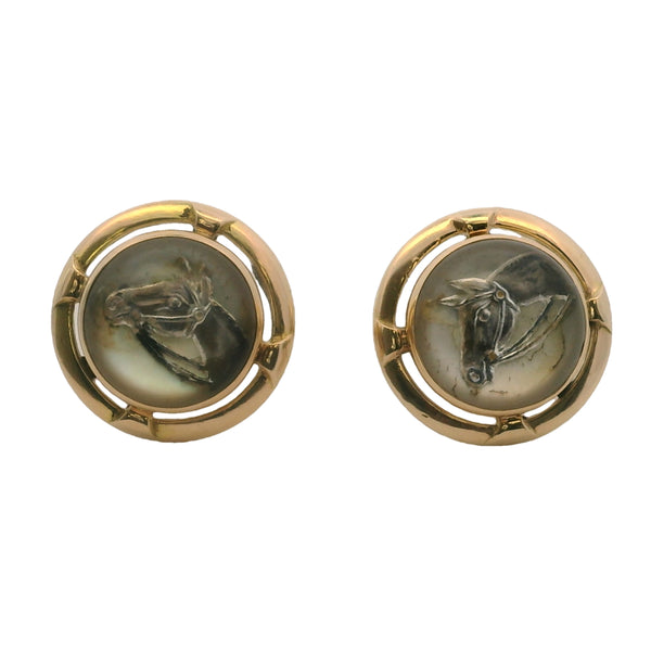 Antique Converted Cufflink 14kt Yellow Gold Essex Painted Glass Horse Pierced Screw-Back Stud Earrings