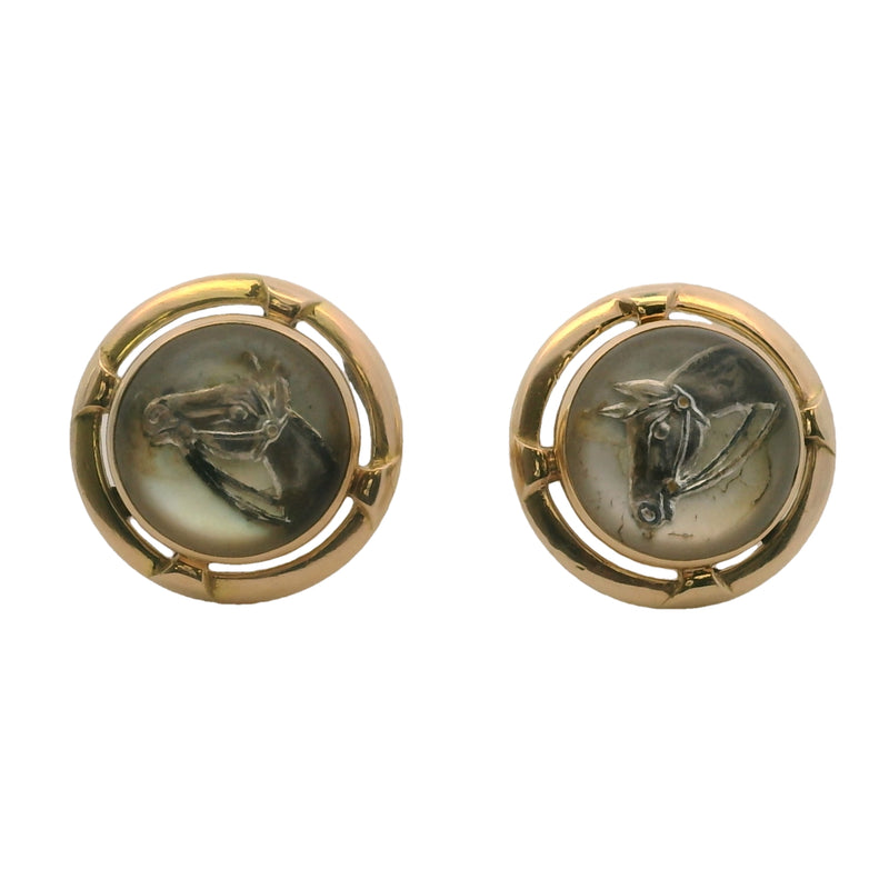 Antique Converted Cufflink 14kt Yellow Gold Essex Painted Glass Horse Pierced Screw-Back Stud Earrings