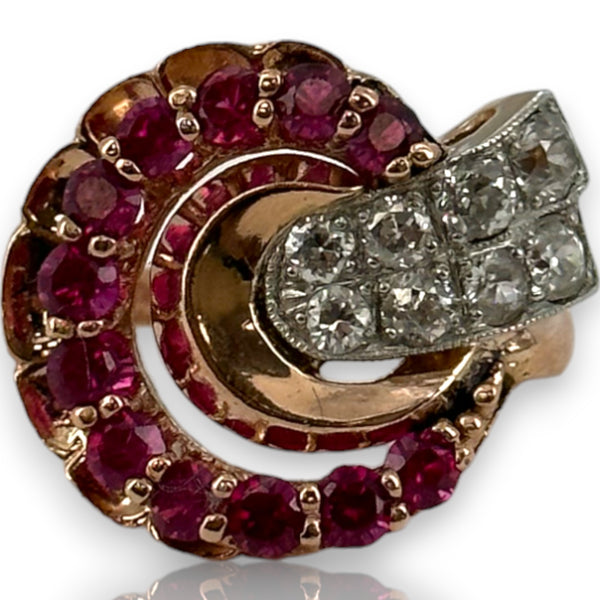 Vintage Retro 1930s-50s Solid 14kt Rose Gold Old European Cut Antique Diamond and Ruby Cocktail Statement Ring Size 4.75 Resizeable