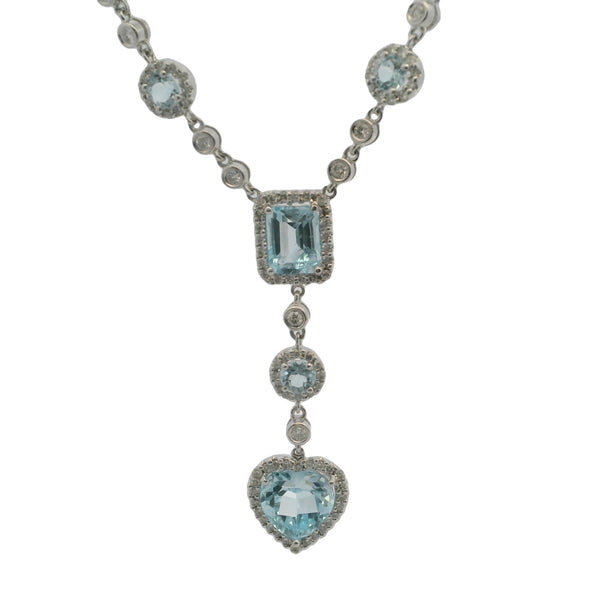 Solid 18kt White Gold 16" Necklace with Heart, Rectangular, and Round Cut Light Blue Topaz 1.7" Drop Pendant and Diamond Accents