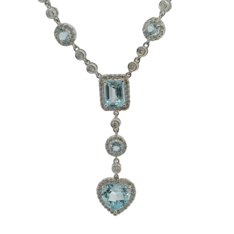 Solid 18kt White Gold 16" Necklace with Heart, Rectangular, and Round Cut Light Blue Topaz 1.7" Drop Pendant and Diamond Accents